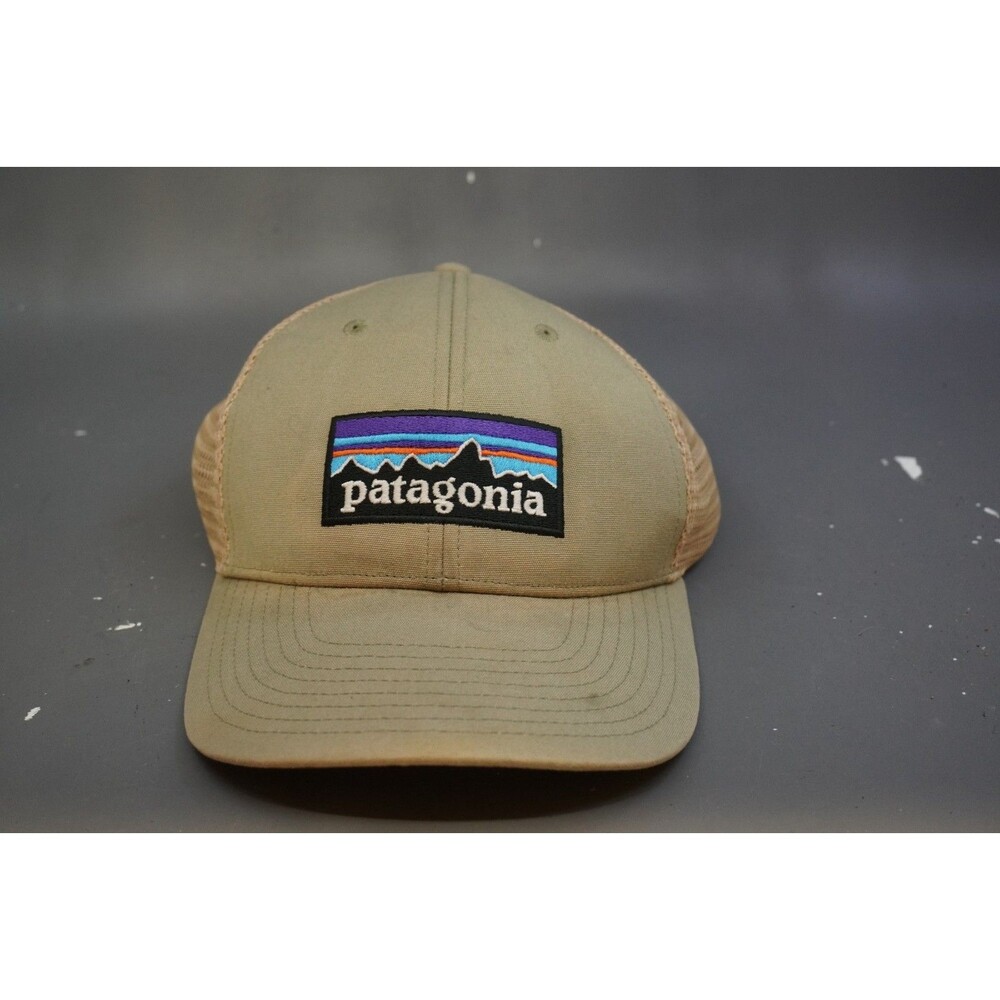 Patagonia P-6 Logo Trucker Hat Tan Green Mesh Back Snapback Adjustable One Size
